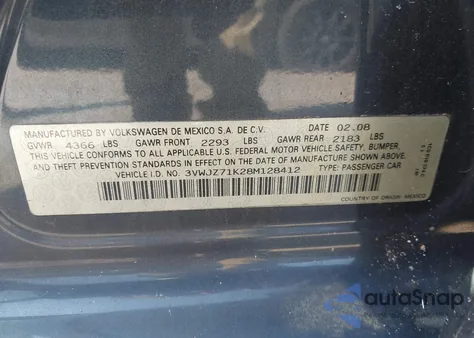 2008 Volkswagen Jetta S из США, поврежденный, VIN 3VWJZ71K28M128412